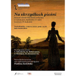 Plakat "Na skrydłach pieśni". Kobieta stoi tyłem. Patrzy na wzgórza.