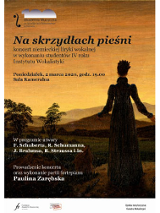 Plakat "Na skrydłach pieśni". Kobieta stoi tyłem. Patrzy na wzgórza.