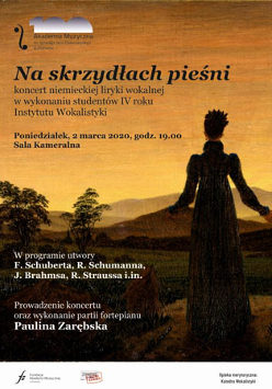 Plakat "Na skrydłach pieśni". Kobieta stoi tyłem. Patrzy na wzgórza.