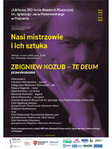 Plakat "Nasi mistrzowie i ich sztuka". W tle I.J. Paderewski.