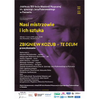 Plakat "Nasi mistrzowie i ich sztuka". W tle I.J. Paderewski.