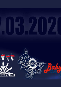 Logo zespołów w dolnej części, w górnej data koncertu, granatowe tło