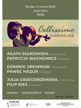 Plakat Cellissimo kameralnie. Kobieta niesie na ramieniu wiolonczelę.