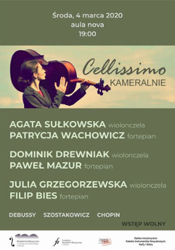 Plakat Cellissimo kameralnie. Kobieta niesie na ramieniu wiolonczelę.