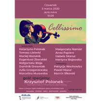 Plakat: kobieta niesie na ramieniu wiolonczelę.