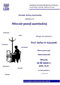 Granatowe napisy na białym tle, po lewej postać kobieca siedząca przy stoliku