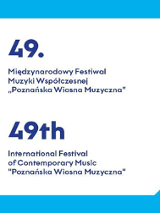 Granatowe napisy na białym tle, niebieska ramka