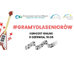 Na białym tle czerwone i czarne napisy. Po lewej stronie gitara.