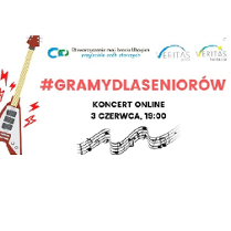 Na białym tle czerwone i czarne napisy. Po lewej stronie gitara.