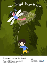 Plakat wydarzenia - chłopiec z latawcem na zielonym tle, napis "lato małych przyrodników"