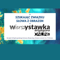 W środku biały kwadrat, wewnątrz niego granatowe i czarne napisy (tytuł wydarzenia), turkusowe tło