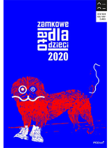 Czerwony lew w białych butach na niebieskim tle. Na górze białe litery.
