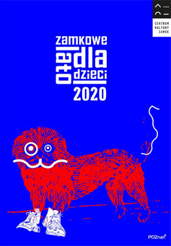 Czerwony lew w białych butach na niebieskim tle. Na górze białe litery.