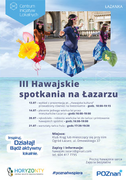 Na tle nieba 3 tancerki hawajskie na tle kamienicy, pod spodem na tle morza - niebieskie napisy.