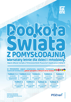 Plakat informujący o wydarzeniu: niebieskie napisy na błękitnym i białym tle