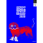 Grafika: na ciemnym niebieskim tle stylizowany, czerwony kształt zwierzęcia podobnego do lwa. U góry biały znak graficzny - Zamkowe lato dla dzieci 2020.