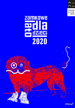 Grafika: na ciemnym niebieskim tle stylizowany, czerwony kształt zwierzęcia podobnego do lwa. U góry biały znak graficzny - Zamkowe lato dla dzieci 2020.