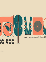 Litery w kształcie instrumentów muzycznych (pomarańczowe i ciemnozielone) na beżowym tle