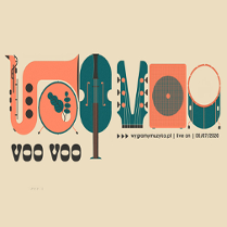 Litery w kształcie instrumentów muzycznych (pomarańczowe i ciemnozielone) na beżowym tle