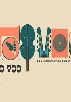 Litery w kształcie instrumentów muzycznych (pomarańczowe i ciemnozielone) na beżowym tle