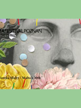 Rzeźba twarzy. Z lewej zielona gałązka. Na dole duże kwiaty: Zółty, rózowy i czerwony. Na rzeźbie kolorowe kółeczka.