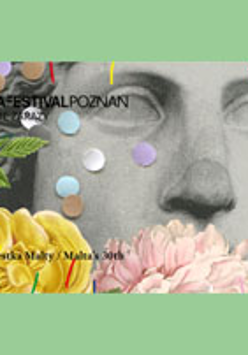 Rzeźba twarzy. Z lewej zielona gałązka. Na dole duże kwiaty: Zółty, rózowy i czerwony. Na rzeźbie kolorowe kółeczka.