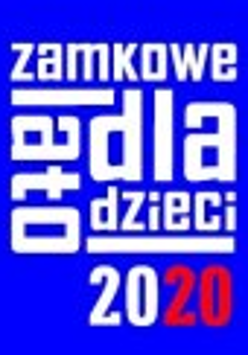 Czerwony lew w białych butach na niebieskim tle. Na górze białe litery.