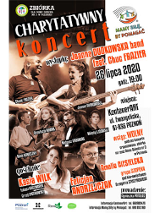 Na gorze i po prawej tekst. Od lewej artyści. Całość w odcieniach brązu.