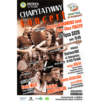 Na gorze i po prawej tekst. Od lewej artyści. Całość w odcieniach brązu.