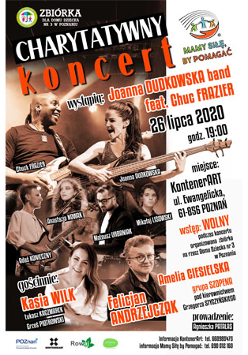 Na gorze i po prawej tekst. Od lewej artyści. Całość w odcieniach brązu.