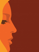 Od lewej zarys twarzy. Zółte włosy, pomarańczowa twarz, brązowe tło, po prawej napisy informujące o wydarzeniu.