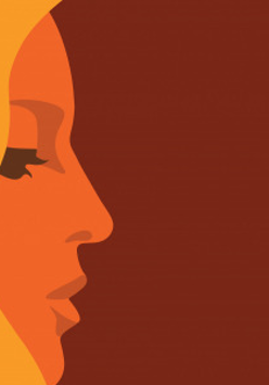 Od lewej zarys twarzy. Zółte włosy, pomarańczowa twarz, brązowe tło, po prawej napisy informujące o wydarzeniu.