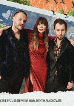 Po lewej członkowie zespołu, po prawej napisy informujące o wydarzeniu