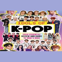 Grafika przedstawiająca zdjęcia koreańskich idoli, na środku duży napis "K-pop"
