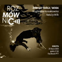 Tancerka w trakcie pokazu w wodzie, po prawej białe napisy informujące o wydarzeniu