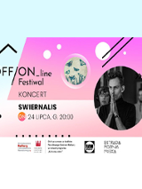 Kolorowa grafika, po prawej zdjęcie artysty, po lewej czarne napisy