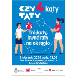 Kolorowa grafika: białe napisy informaujące o wydarzeniu na niebieskim tle, po bokach sylwetki chłopca i dziewczynki. Chłopiec trzyma w dłoni piłkę, dziewczynka koło przypominające hula-hop.