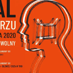 Plakat. Na pomarańczowym tle zarys ludzkiej postaci.