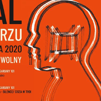 Plakat. Na pomarańczowym tle zarys ludzkiej postaci.