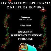 Plakat - na czarnym tle informacje o festiwalu. Na dole zdjęcie wozu cygańskiego.