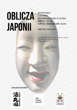 Na plakacie widać japońską maskę oraz informacje o miejscu, terminie i czasie trwania wystawy.