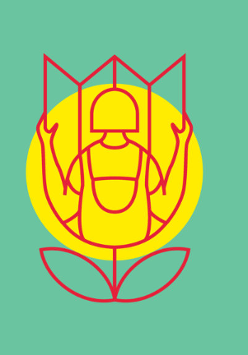 Plakat. Na zielonym tle wyrysowana czerwoną linią postać czytająca mapę. Postać znajduje się w żółtym okręgu.