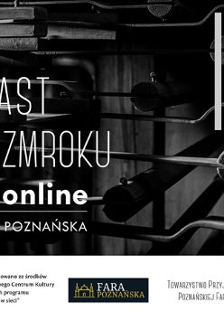 Na tle zdjęcia popychaczy w mechaniźmie organów widnieje biały napis Ladegast po zmroku online, Fara Poznańska.
