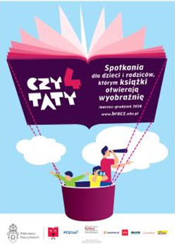 W powietrzu kosz balonowy, który zamiast czaszy balonowej ma książkę. W koszu 2 dorosłych i dziecko.