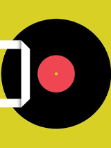 Na plakacie na żółtawym tle czarna płyta winylowa.