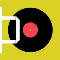 Na plakacie na żółtawym tle czarna płyta winylowa.
