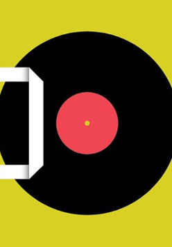 Na plakacie na żółtawym tle czarna płyta winylowa.