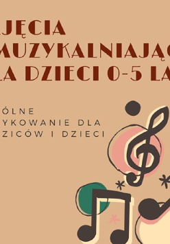 W prawym dolnym rogu kolorowe nutki, na górze brązowe napisy na beżowym tle