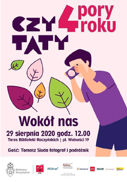Plakat z informacjami o wydarzeniu, w środkowej części grafika przedstawiająca chłopca robiącego zdjęcia i kilka kolorowych liści.