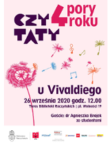 Plakat z informacjami o wydarzeniu - fioletowe napisy na bladoróżowym tle. Na środku kolorowe nuty i grafiki przedstawiające dmuchawce.